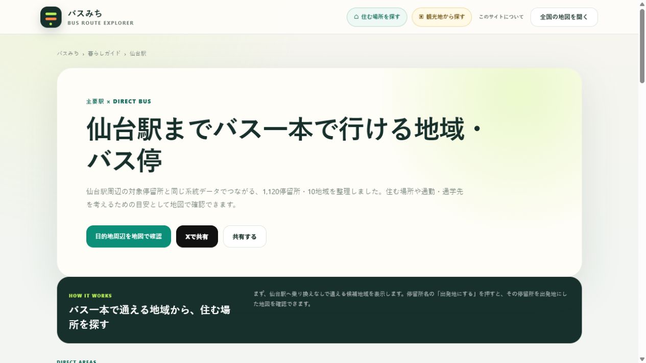 仙台駅までバス一本で行ける1120停留所と10地域を表示したバスみちの暮らしガイド