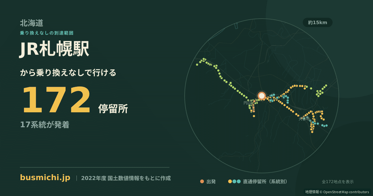JR札幌駅バス停から直通で行ける停留所の概略図