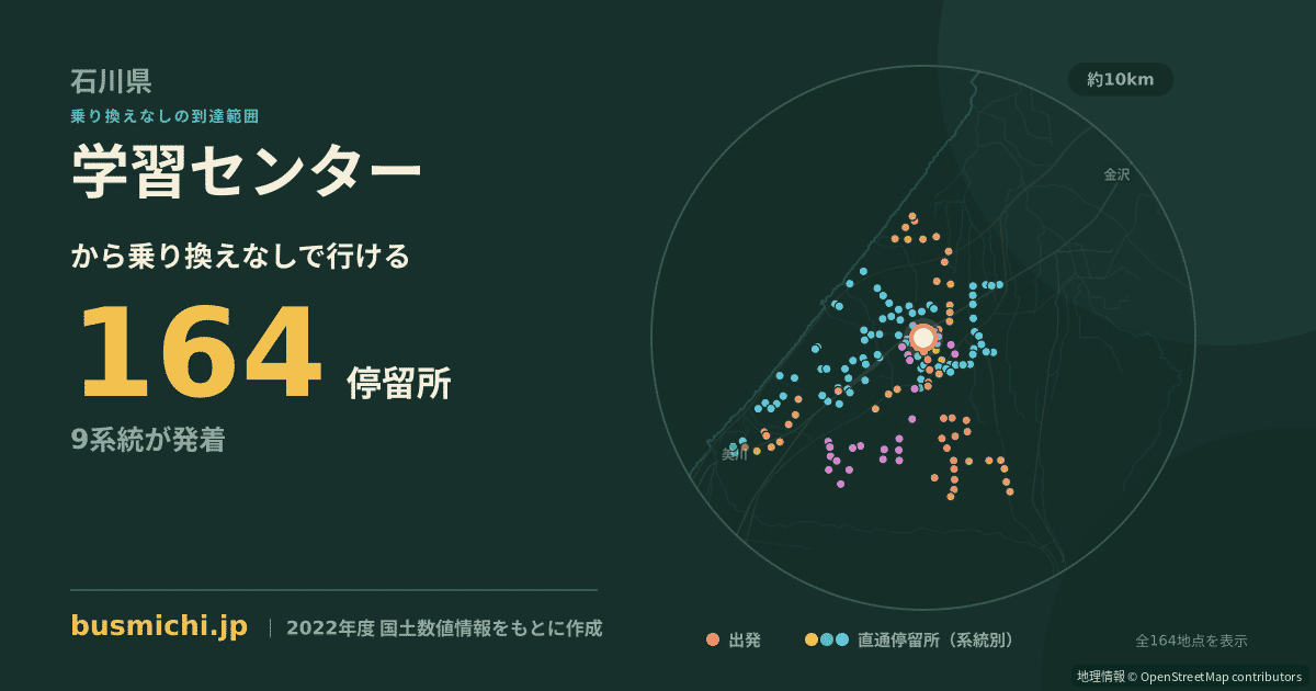 学習センターバス停から直通で行ける停留所の概略図