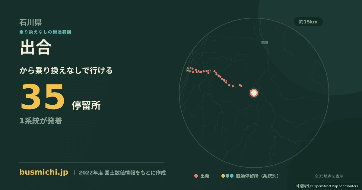 出合バス停（白山市）から直通で行ける停留所の概略図