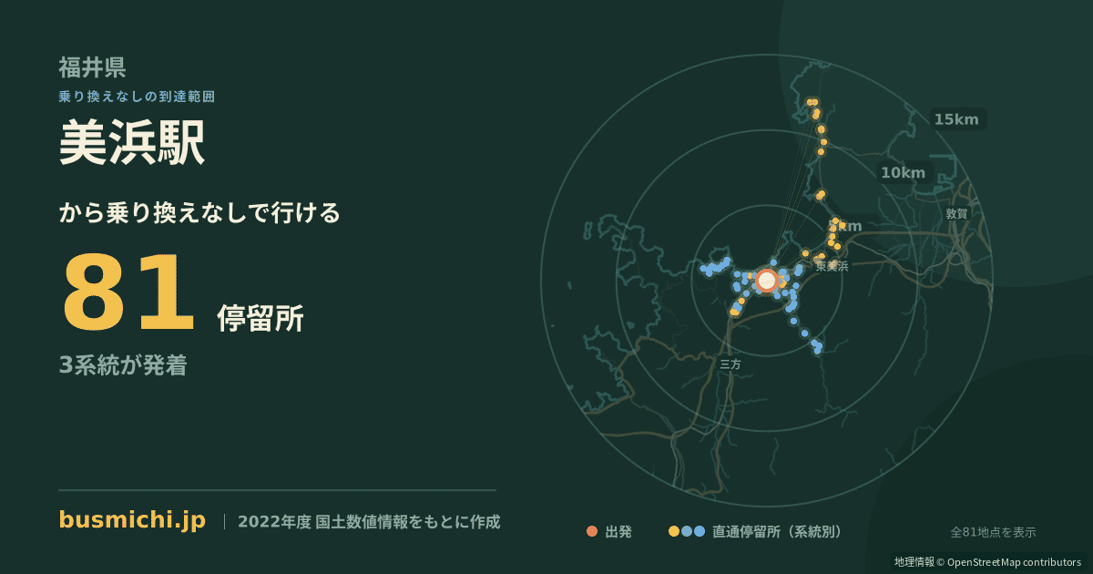 美浜駅バス停から直通で行ける停留所の概略図