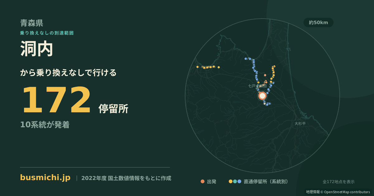 洞内バス停から直通で行ける停留所の概略図
