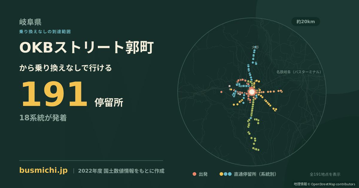 OKBストリート郭町バス停から直通で行ける停留所の概略図