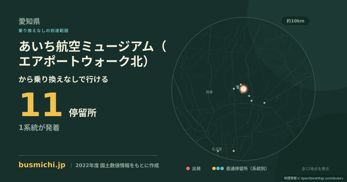 あいち航空ミュージアム（エアポートウォーク北）バス停から直通で行ける停留所の概略図