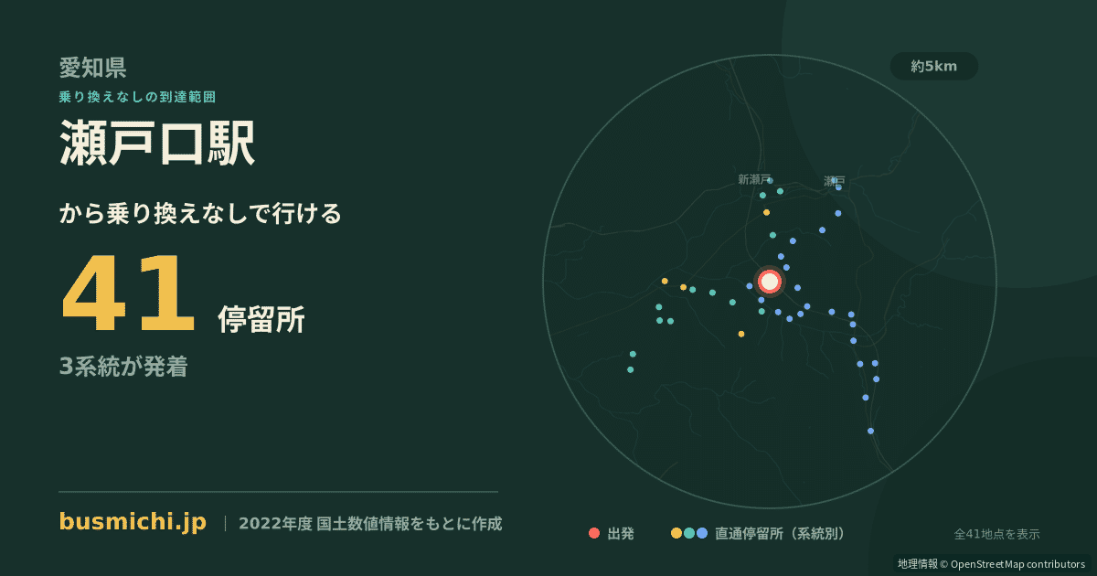 瀬戸口駅バス停から直通で行ける停留所の概略図