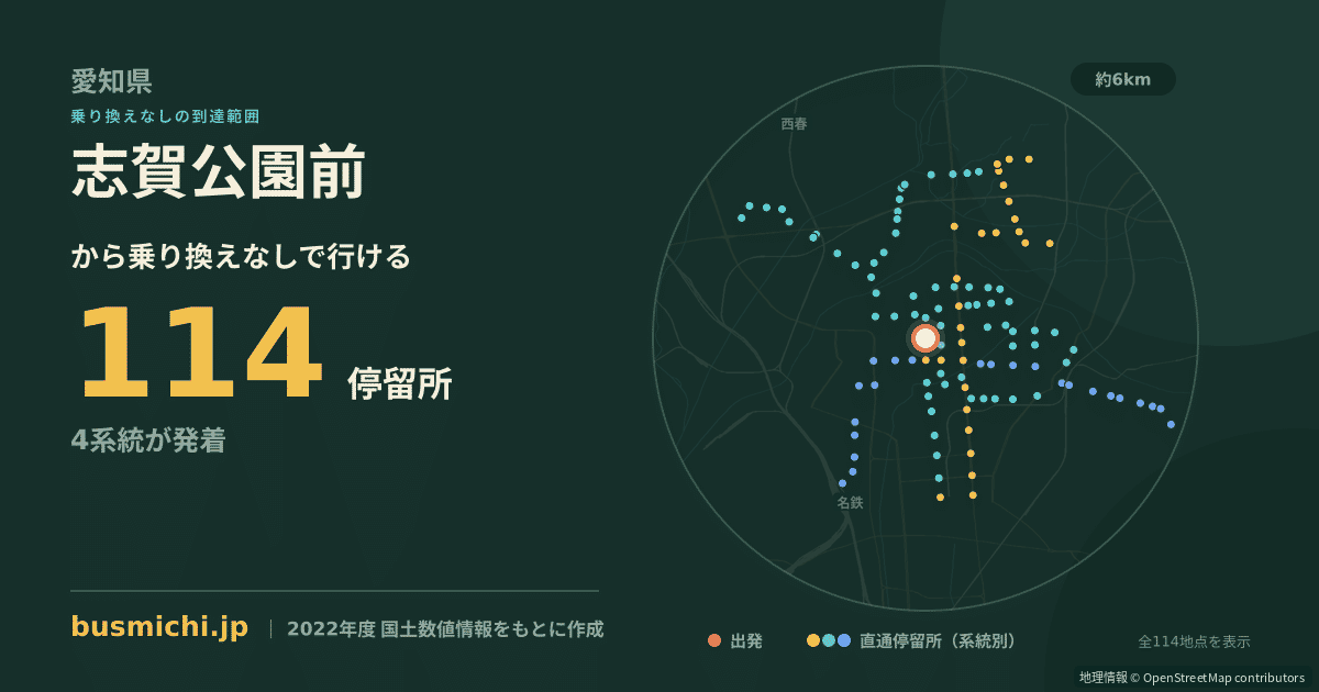 志賀公園前バス停から直通で行ける停留所の概略図