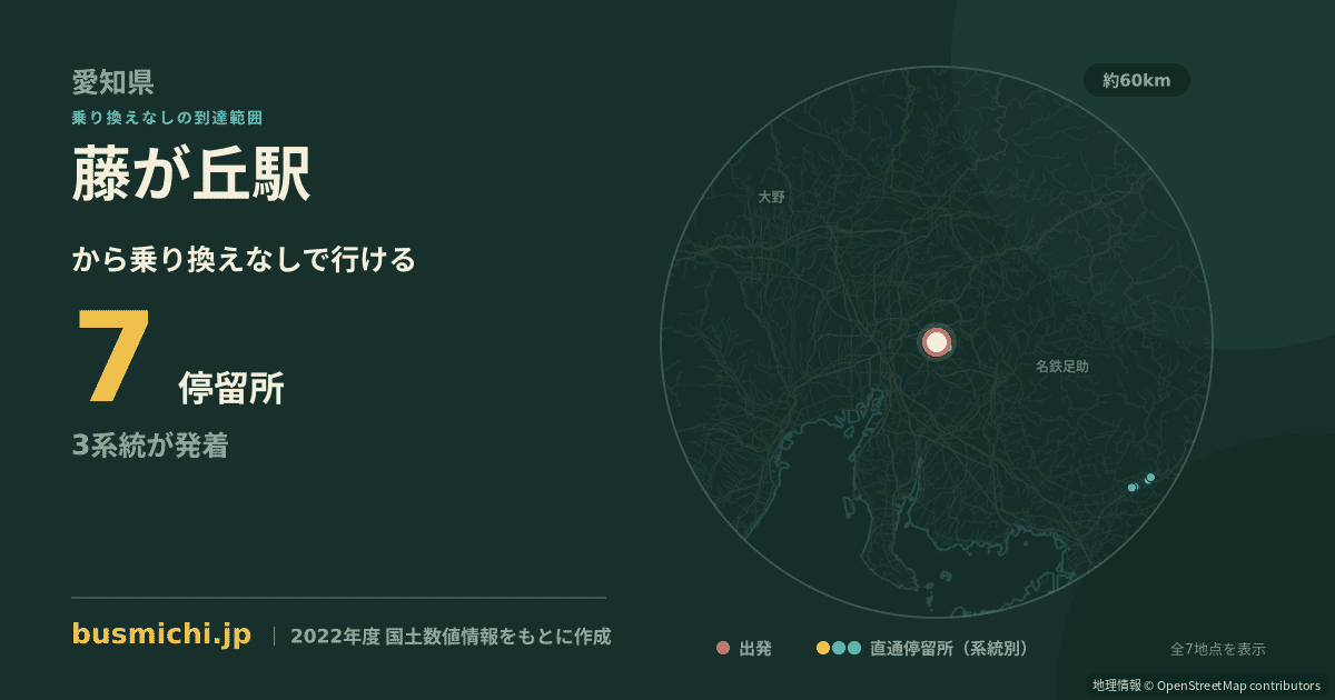 藤が丘駅バス停（名古屋市名東区）から直通で行ける停留所の概略図