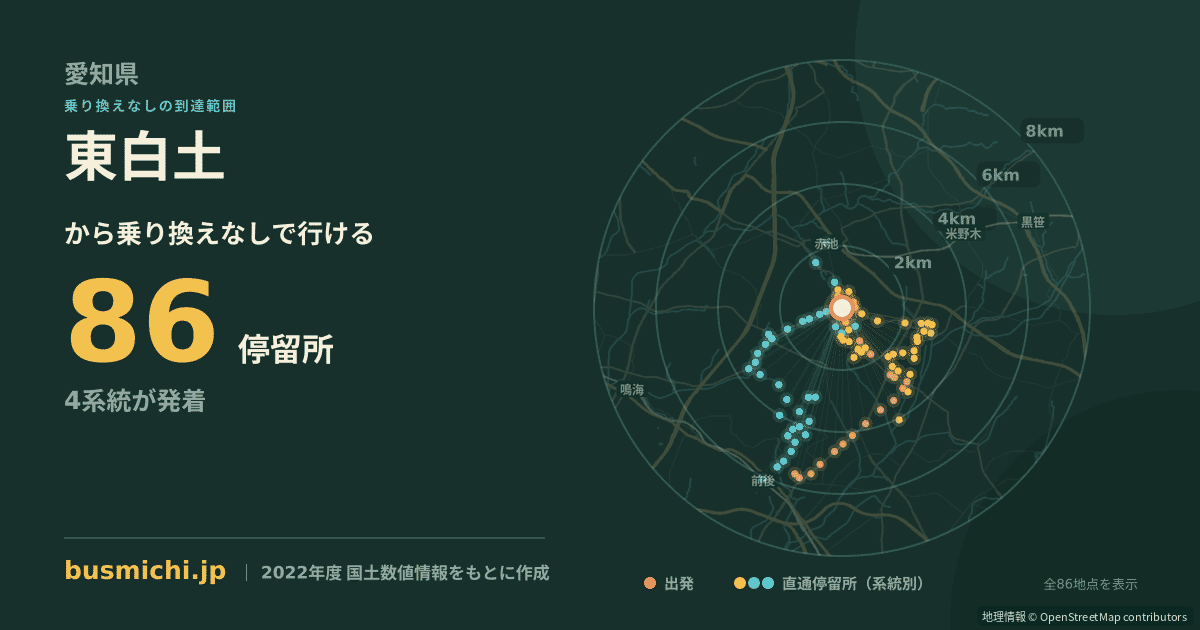 東白土バス停から直通で行ける停留所の概略図