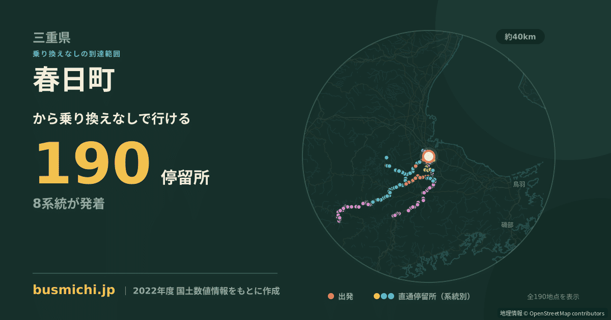 春日町バス停（松阪市）から直通で行ける停留所の概略図
