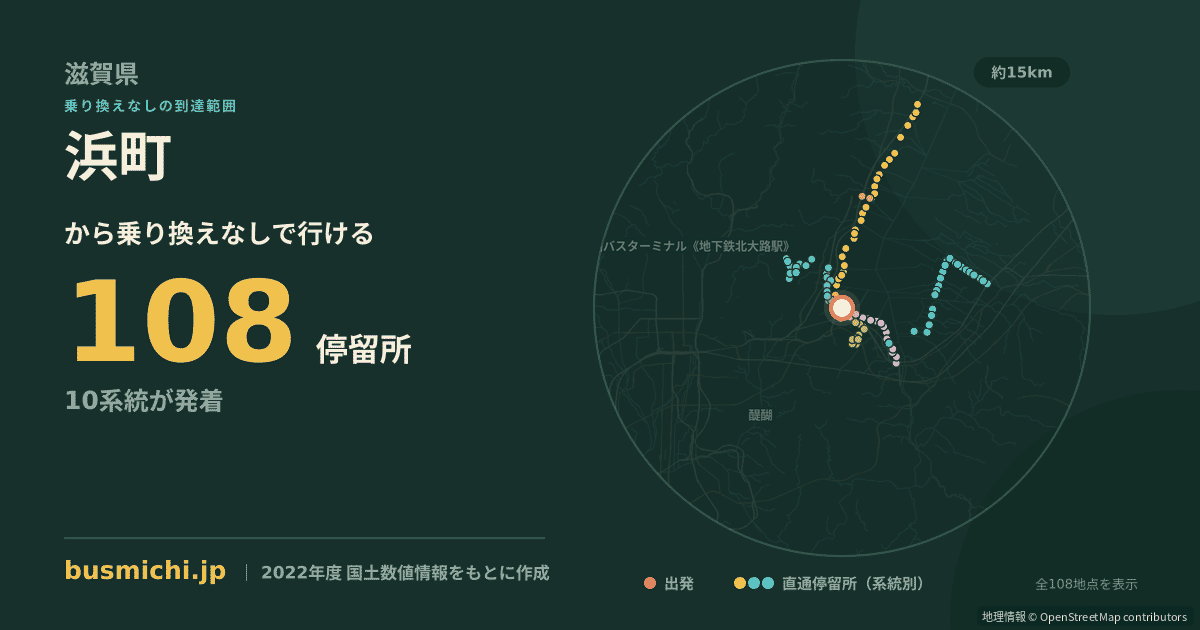 浜町バス停（大津市）から直通で行ける停留所の概略図