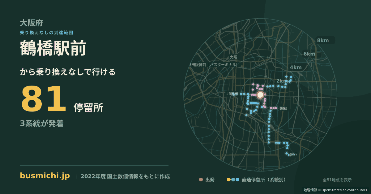 鶴橋駅前バス停から直通で行ける停留所の概略図