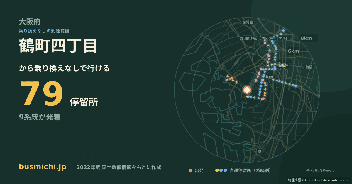 鶴町四丁目バス停から直通で行ける停留所の概略図