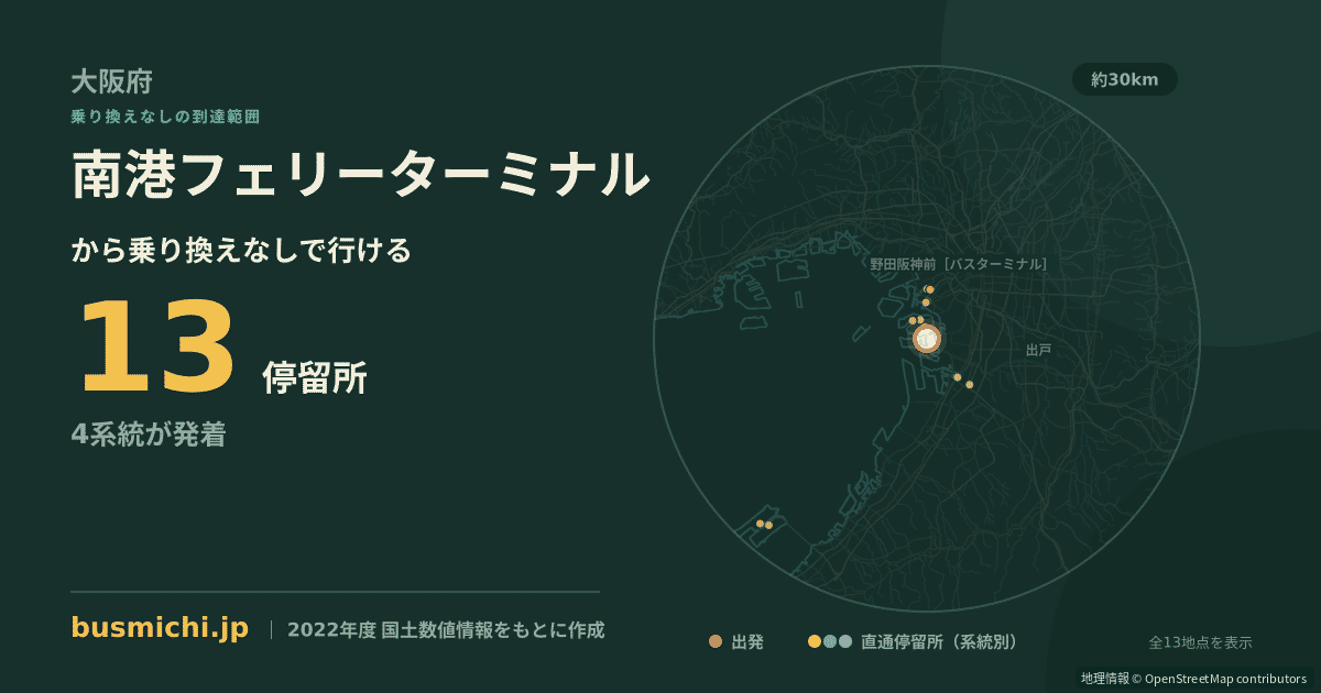 南港フェリーターミナルバス停から直通で行ける停留所の概略図