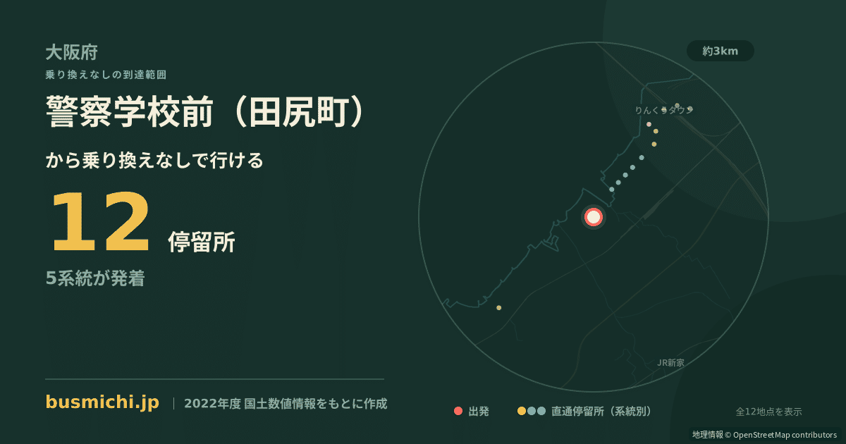 警察学校前（田尻町）バス停から直通で行ける停留所の概略図