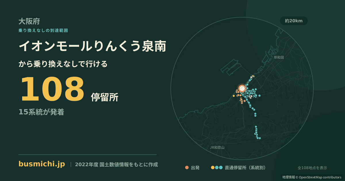 イオンモールりんくう泉南バス停から直通で行ける停留所の概略図