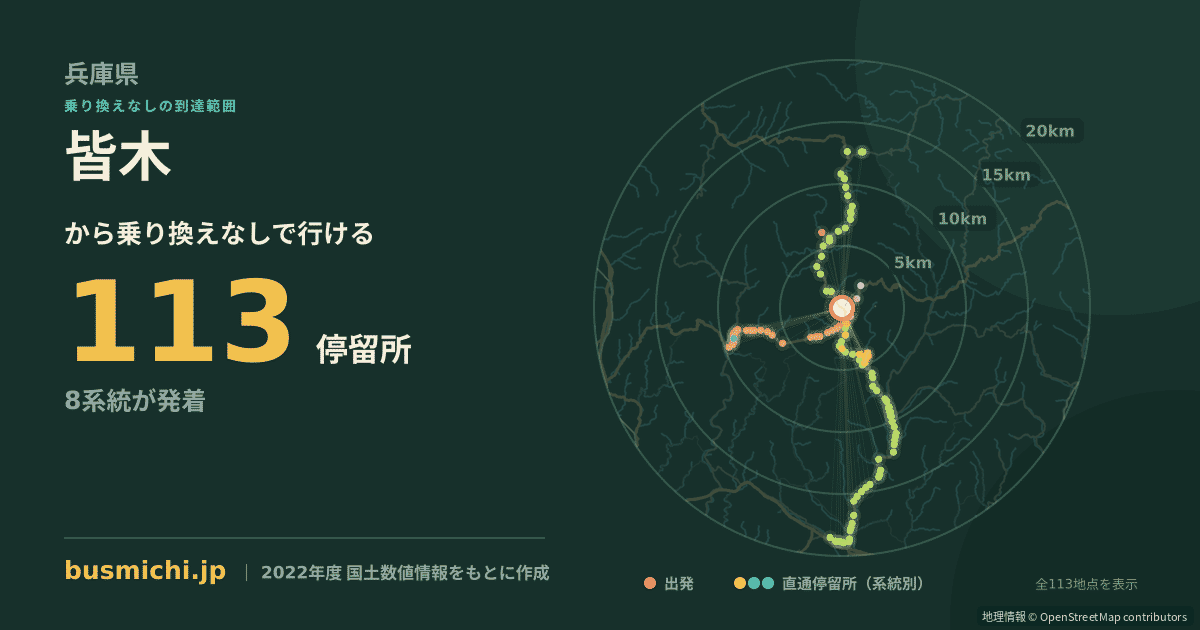 皆木バス停から直通で行ける停留所の概略図