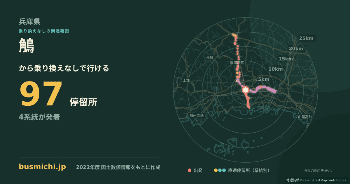 鵤バス停から直通で行ける停留所の概略図