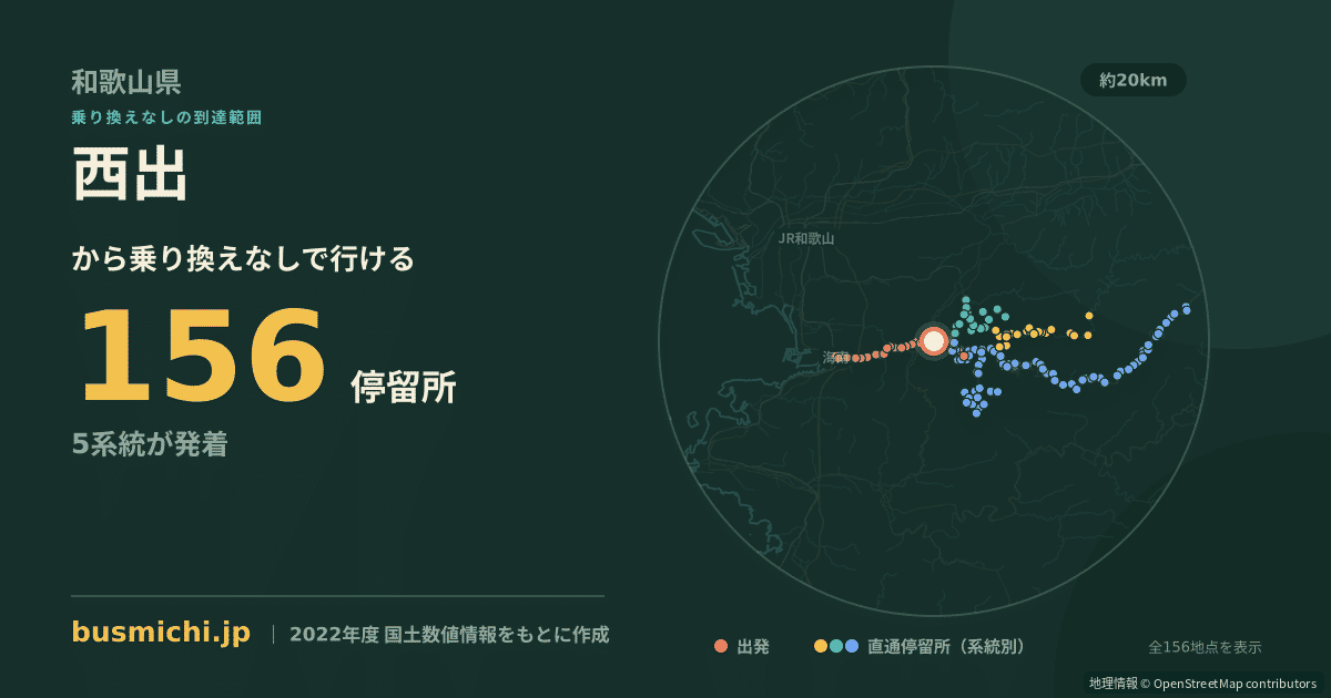 西出バス停（紀美野町）から直通で行ける停留所の概略図