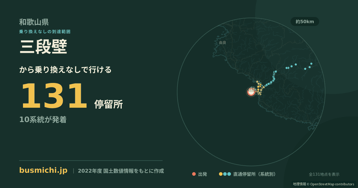 三段壁バス停から直通で行ける停留所の概略図