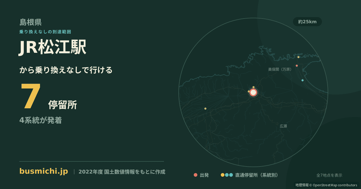 JR松江駅バス停から直通で行ける停留所の概略図