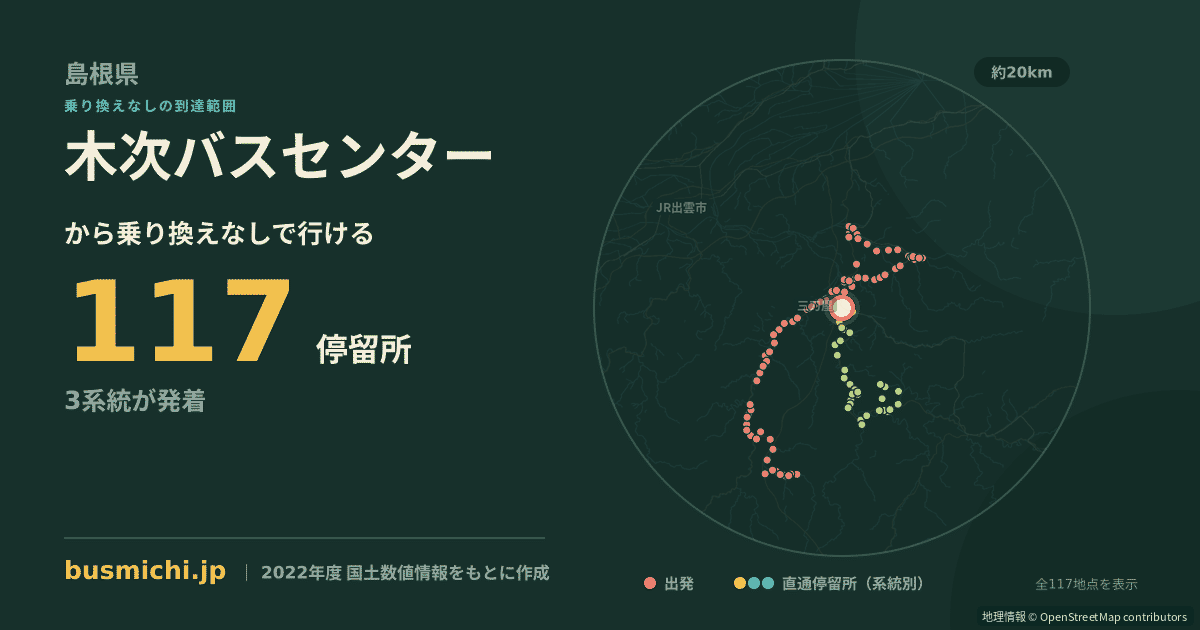 木次バスセンターバス停から直通で行ける停留所の概略図