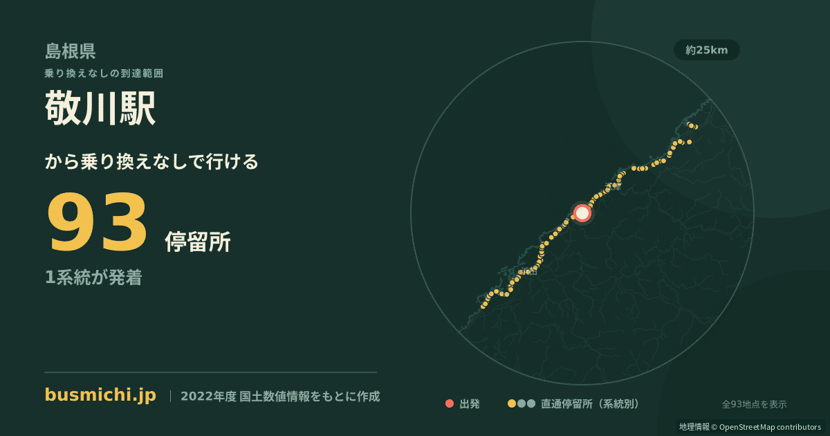 敬川駅バス停から直通で行ける停留所の概略図