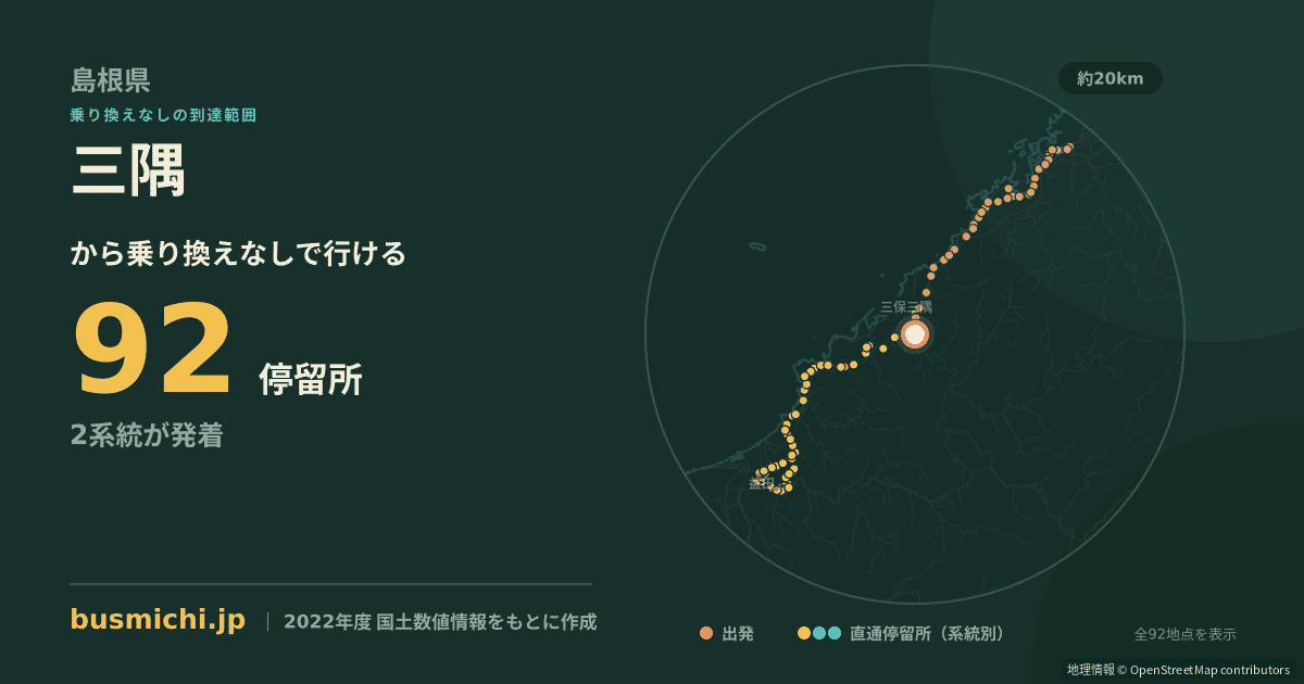 三隅バス停から直通で行ける停留所の概略図