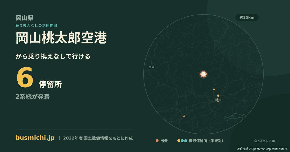 岡山桃太郎空港バス停から直通で行ける停留所の概略図