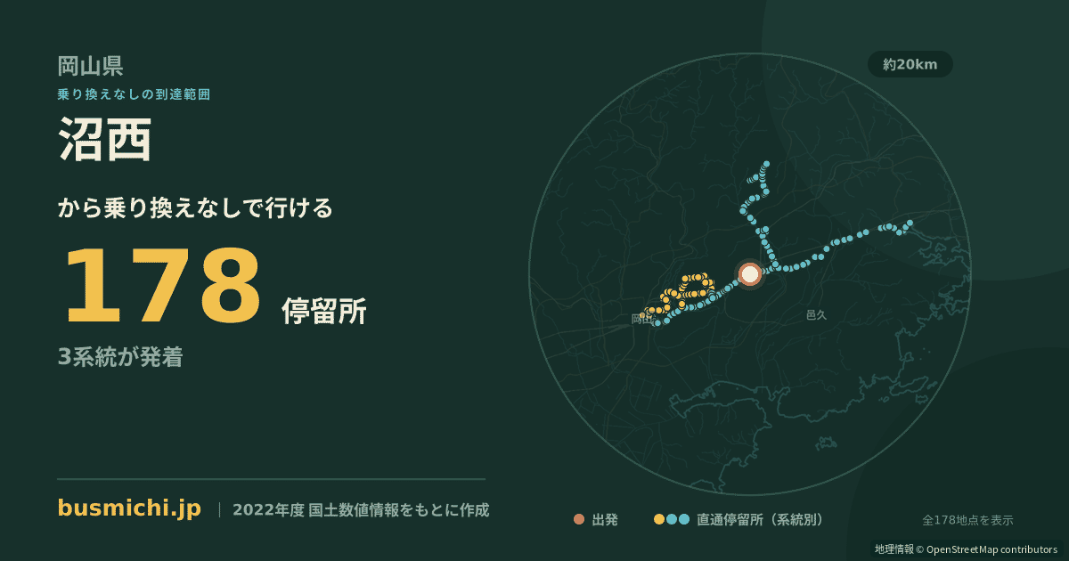 沼西バス停から直通で行ける停留所の概略図