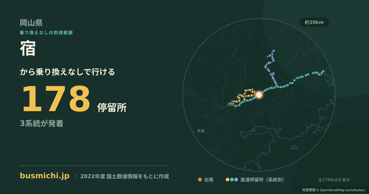 宿バス停（岡山市東区）から直通で行ける停留所の概略図