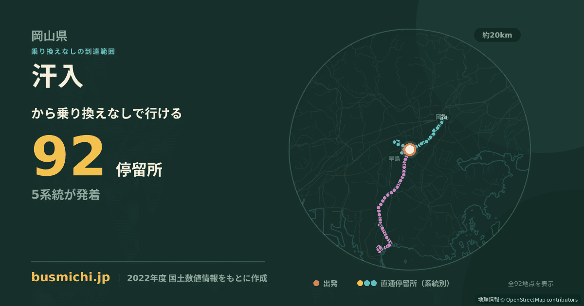 汗入バス停から直通で行ける停留所の概略図