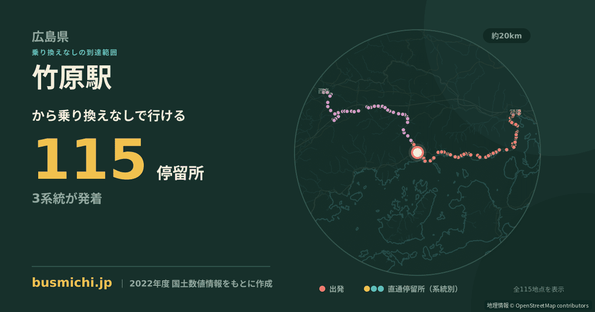 竹原駅バス停（竹原市）から直通で行ける停留所の概略図