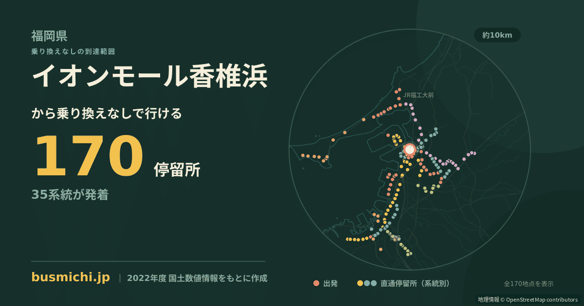 イオンモール香椎浜バス停から直通で行ける停留所の概略図