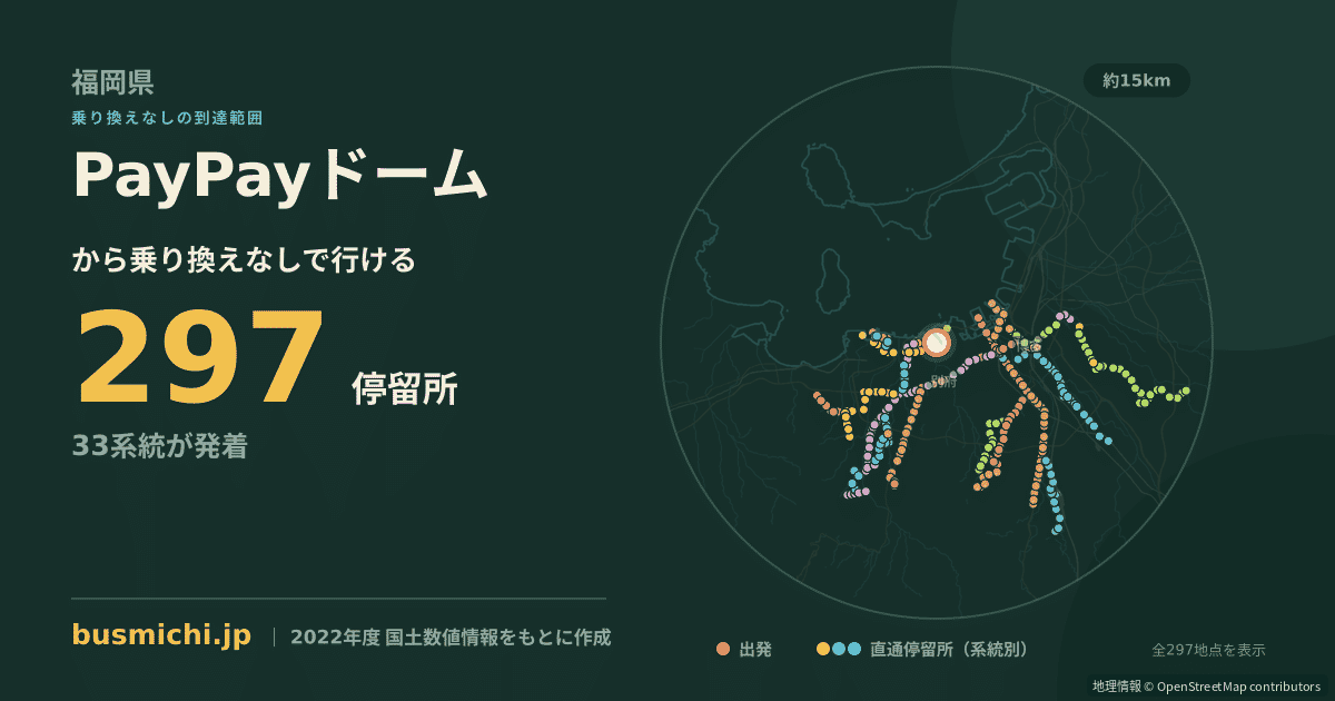 PayPayドームバス停から直通で行ける停留所の概略図