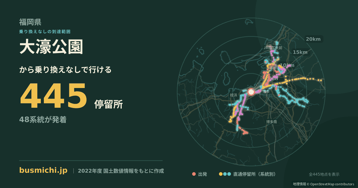 大濠公園バス停から直通で行ける停留所の概略図