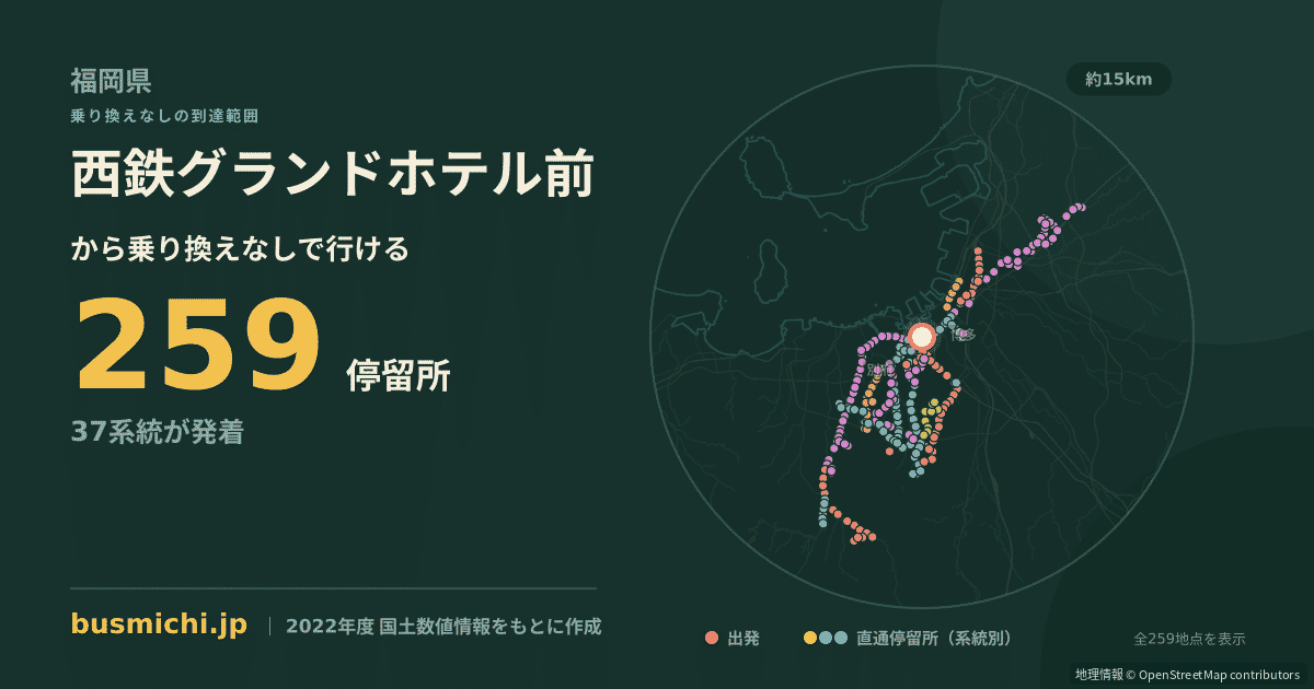 西鉄グランドホテル前バス停から直通で行ける停留所の概略図