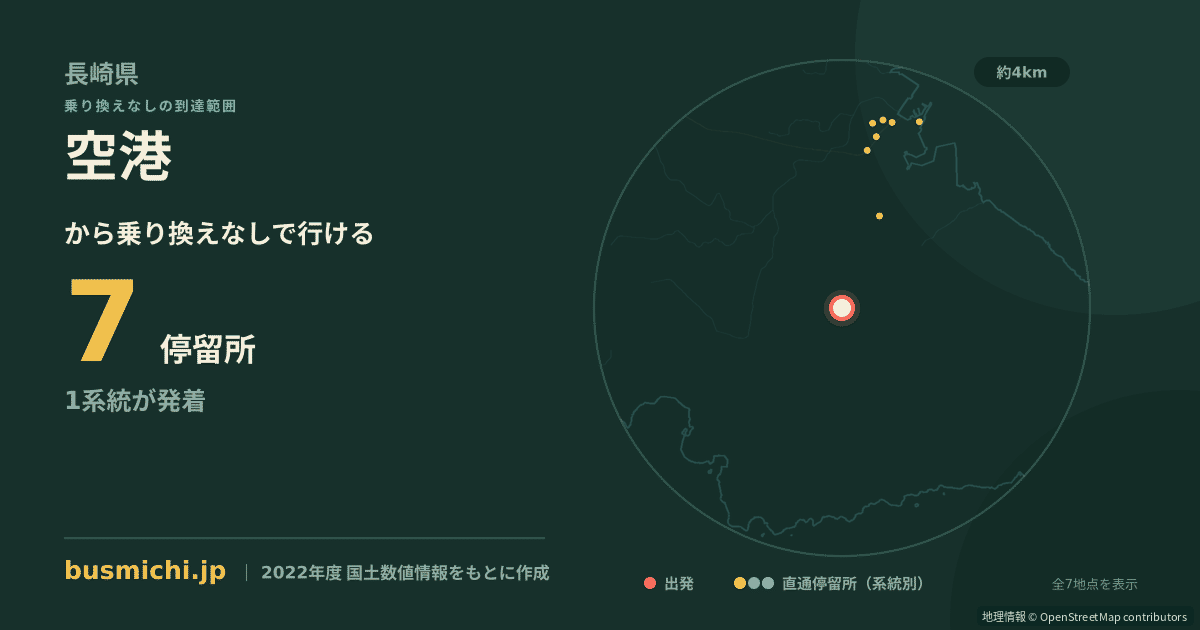空港バス停（五島市）から直通で行ける停留所の概略図