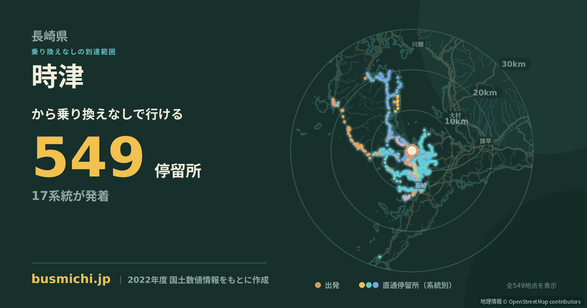 時津バス停から直通で行ける停留所の概略図