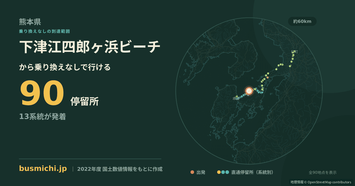 下津江四郎ヶ浜ビーチバス停から直通で行ける停留所の概略図