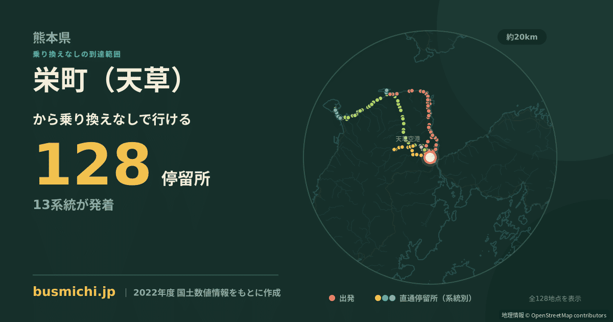 栄町（天草）バス停から直通で行ける停留所の概略図