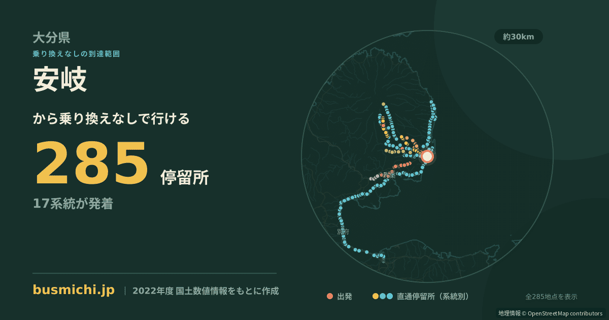 安岐バス停から直通で行ける停留所の概略図
