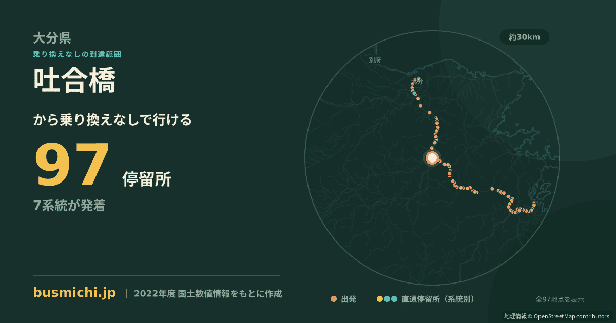 吐合橋バス停から直通で行ける停留所の概略図
