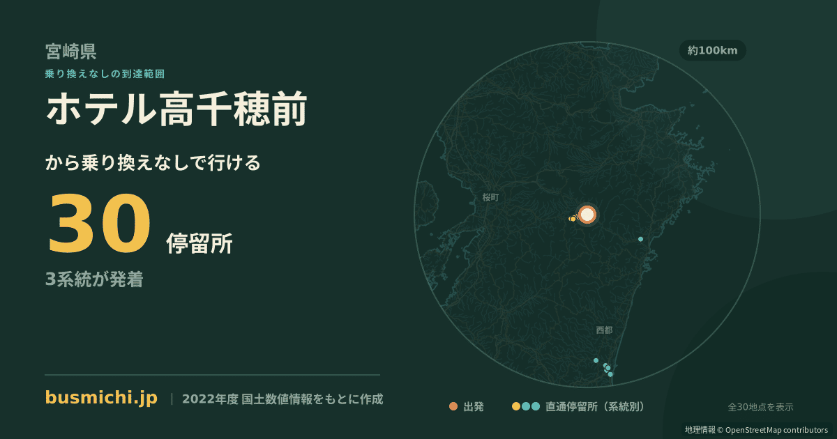 ホテル高千穂前バス停から直通で行ける停留所の概略図