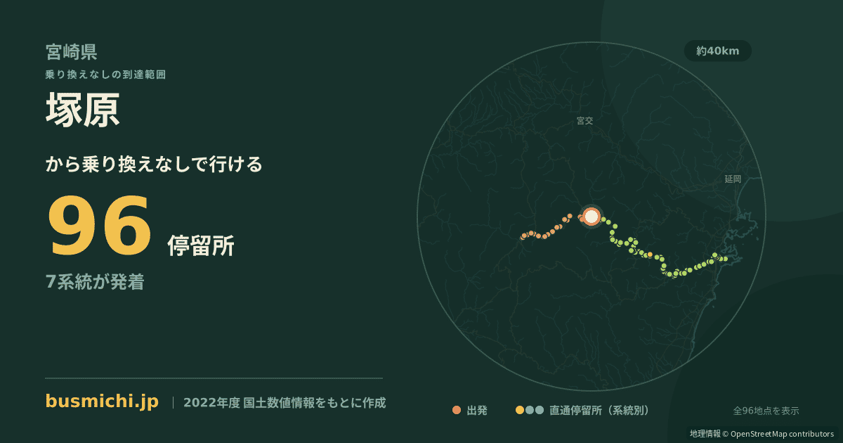 塚原バス停（諸塚村）から直通で行ける停留所の概略図