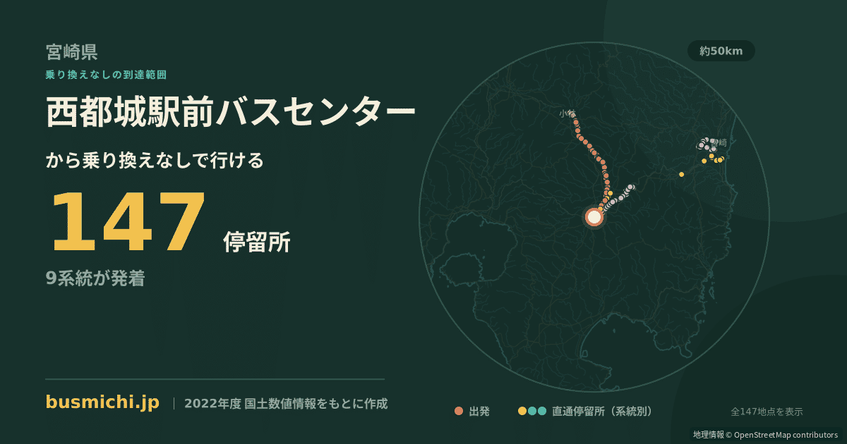 西都城駅前バスセンターバス停から直通で行ける停留所の概略図