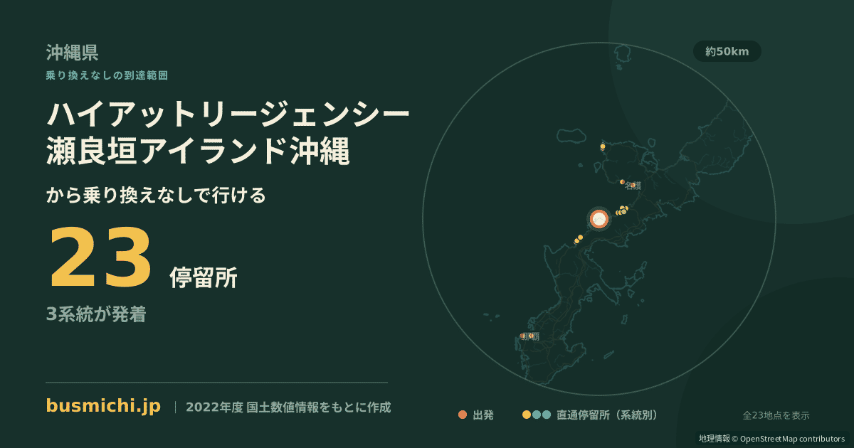 ハイアットリージェンシー瀬良垣アイランド沖縄バス停から直通で行ける停留所の概略図