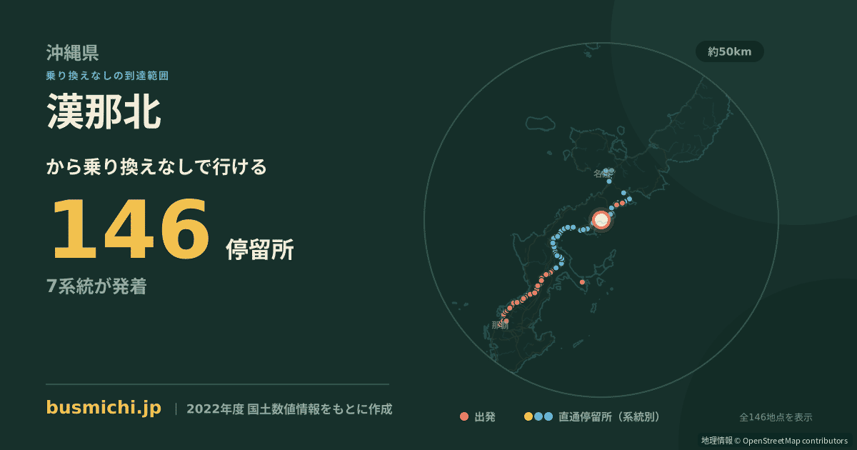 漢那北バス停から直通で行ける停留所の概略図
