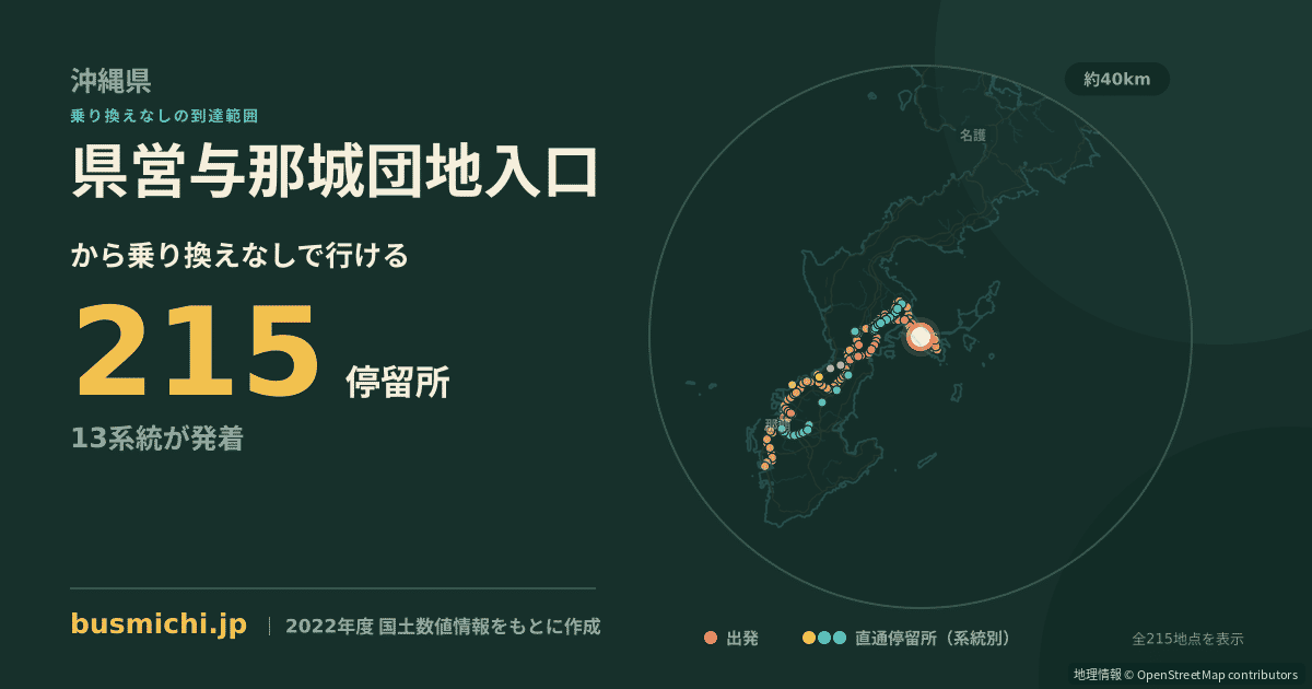 県営与那城団地入口バス停から直通で行ける停留所の概略図