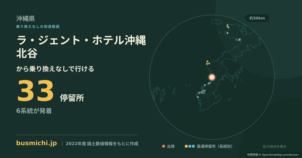 ラ・ジェント・ホテル沖縄北谷バス停から直通で行ける停留所の概略図
