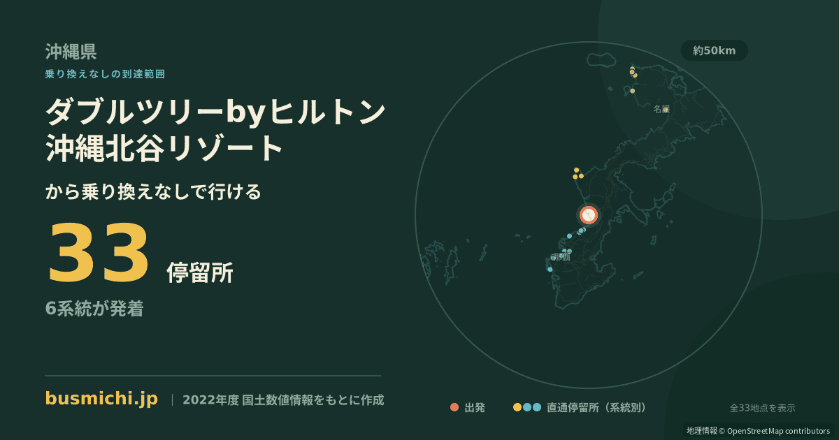 ダブルツリーbyヒルトン沖縄北谷リゾートバス停から直通で行ける停留所の概略図